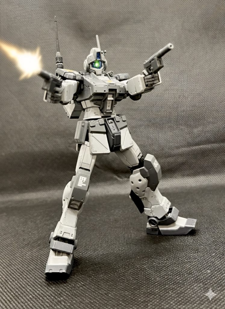 二丁拳銃は文句なしにカッコいい。ハンドガンはあすぱら模型のものをサプレッサーを付けて改造してます。(Geminiでマズルフラッシュを合成してみました)