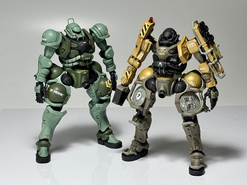 少し前の緑色の民間用ザクに続き、工事用の民間用ザクも軍警ザクで再現しました。ちなみに、あちこち調べてみましたが、こちらの仕様も機種名は「民間ザク」であって、「工事用ザク」とか(MSVのような)「一般作業用ザク」といったサブネームはなさそうですね。