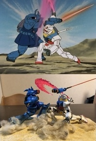 ①資料とにらめっこ⑴劇場版機動戦士ガンダム 哀戦士より上の画像を参考に下の画像「ランバラル特攻‼️」を作成しました。上の画像で気になったところにアレンジを入れて作成を進めていきます。具体例を挙げると①2機の距離が近すぎないか?(この距離でガンダムがわざわざグフの腕を切り落とすのは不自然)②グフの逆袈裟斬り後の姿勢に全力感がない。両者最後に一撃に全力を込めた場面。グフの逆袈裟斬りは全力のアッパースイングで、空振りの割に姿勢が直立すぎる。③ガンダムの目線、どこみてるんやろか。この3点に自分なりの演出を加えて行きます。