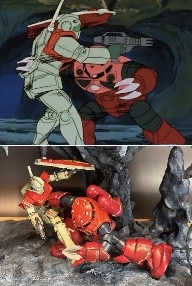 ①資料とにらめっこ⑵劇場版機動戦士ガンダム 哀戦士より上の画像を参考に下の画像「ジャブローに散る‼️」を作成しました。同じく気になる点の具体例を挙げると①もっと迫力を出したい。劇中の前後シーンがあってこその名シーンだと感じました。②ズゴックの体のバランス。GMよりだいぶ小さくない?そしてこのポーズとれない。この2点に自分なりの演出を加えて行きます。