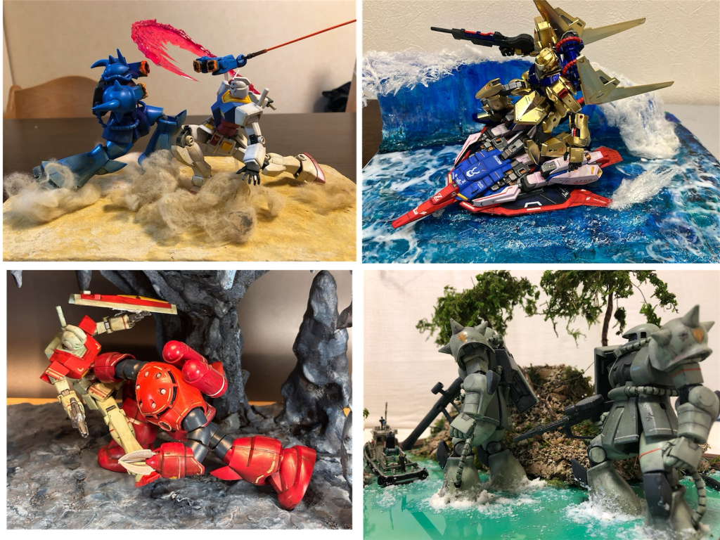 ②上手下手について⑵私がガンスタにあげたジオラマです。「映像の原則」を知る前に何も考えず作ったのですが、見事に進行方向右から左でした😅(左二つは元の場面があるのですが)次は迫力ある逆転シーン(左に主役を置くジオラマ)を作ってみたいです😊