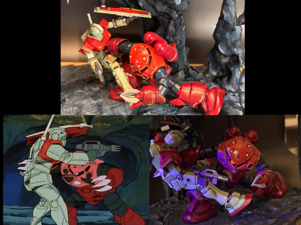 ③演出について⑵復活したシャアの強さを表現した元シーン(左下)。構図が近いのは右下のカットだと思います。が、今回私が最も見て欲しいのはGMのやられっぷりと洞窟全体です。GMの顔ややられた部分(加工した部分)が写真に映るように配置しました。でも、ジオラマを切り取りアップにすると右下の画像の方が迫力ありますね😅ここではあまり見えない洞窟部分は④でお話しします。