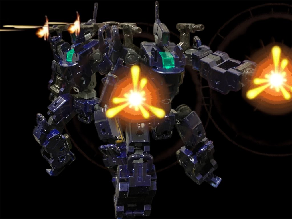 主な武器は手のガトリングと背部のグレイズアイン用チェーンガン^_^バックパック時はエヴォルヴ・グレイズのメイン射撃兵装^_^