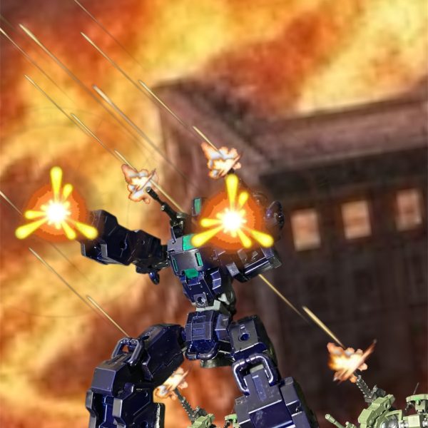 一斉射‼️撃てっーー！！！その場にいるMSから銃弾とミサイルが飛ぶ^_^閃光とともに爆発の光が当たりを埋める。煙の下、姿はなかった。他、倒したか？・・・だが上を見ると、煙にまとわりつかれつつ・・・異形は健在だった。・・・ウィスタリオとやる前の小手調べといこうか・・・人の呟きと共に・・・異形が形を変え始めた・・・・（3枚目）