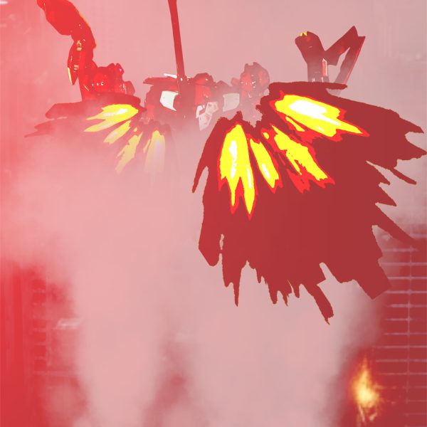 一斉射‼️撃てっーー！！！その場にいるMSから銃弾とミサイルが飛ぶ^_^閃光とともに爆発の光が当たりを埋める。煙の下、姿はなかった。他、倒したか？・・・だが上を見ると、煙にまとわりつかれつつ・・・異形は健在だった。・・・ウィスタリオとやる前の小手調べといこうか・・・人の呟きと共に・・・異形が形を変え始めた・・・・（7枚目）