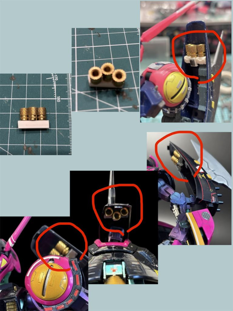 左腕増設バーニアです。ネジパーツで作りました。そこまで主張しないんですが、下写真の赤マルの位置でしれっと金属パーツチラ見せがオシャレポイントです。