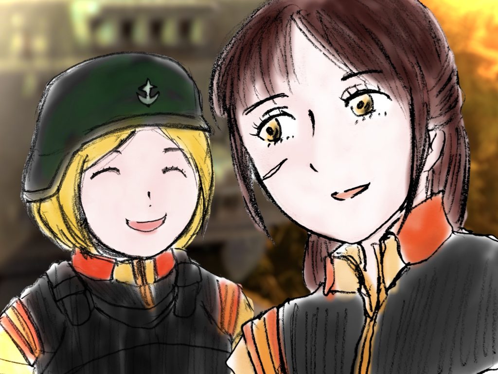 　地上に降りると、チタがランチバッグを持ってにこにことしている。こちらは、しっかりヘルメットと防弾チョッキを着込んでいる。空調は効いているだろうが、狭いホバートラックの中で、それだけ装備を着込んでいると暑かったのだろう、こめかみにはうっすら汗が浮かんでいた。「一緒に食べましょうか。」いつもは、バッグを受け取ってコクピットに戻るミヤギが、そんなことを言う。「良いの？」「ええ……良いわ、どうせ、敵なんて来ないのだし。」　恋人のヘント・ミューラー少尉にすら、ほとんど敬語を崩さないミヤギが、最近はこのチタ・ハヤミにはこうして砕けた口調で話す。チタもチタで、年も階級も下だが、嫌味も気負いもなく、自然に応じるのだ。非番の日や、食事の時間が重複している時などは、何となくこうして一緒に過ごすことも多くなっていた。