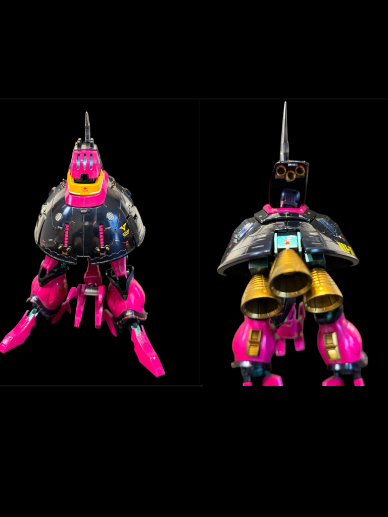 ガウォーク形態。股下のクローで作業します。頭頂部のアイアンカッターで頭突き攻撃します。左腕アーマー裏に増設されたバーニアがここで生きます。バーニアで加速し敵をぶった斬る‼️あくまでも格闘兵装です。アイスラッガーではないので飛んでいきません笑