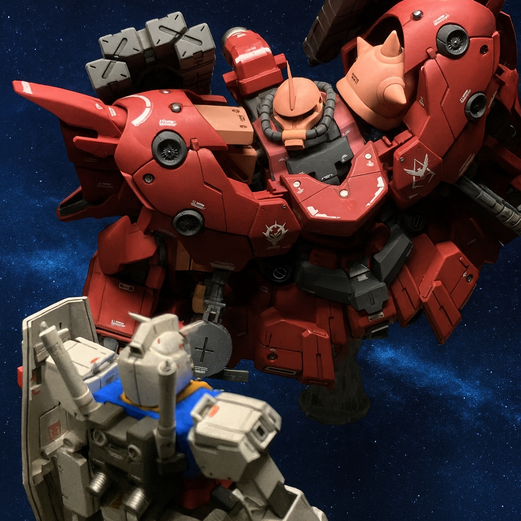 どうして過去作RX-78を今のタイミングで引っ張り出してきたかと言うと・・コレがやりたかったからです!2週ほど前にジオング〔初期プラン〕を投稿させて頂きましたが、その後、「ジオングなんだからガンダムとの対決シーンを撮ればよかったー!」という思いがわいてきました。 改めてジオング〔初期プラン〕を眺めると、中のザクⅡF2はカトキデザイン、外殻はネオジオングのパーツ流用だから、これもカトキデザイン・・じゃあ、カトギジオングじゃないかぁー!(←強引な妄想)、それならカトキガンダムと対決だぁ!となりました(笑)。 2機を向かい合わせて設置し、写真を撮って、AIに「この画像の背景を宇宙空間にして」とお願いしたら、一発で返ってきたのがこの写真です。初めてやってみましたが、AIすげーっ!(こんなの今や常識なんですか?)