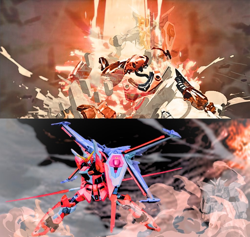 上段は、ズッゴクが大破、外装をパージ、爆炎に身を隠して離脱、離脱時のインジャ弐式はディアクテブモードです。下段は、その後、フォランテスとドッキングし、フェーズダウンしたストフリ弐式を背中に、前方のシヴァと対峙しています。この時点で、インジャ弐式の装甲はフェーズシフトしています。