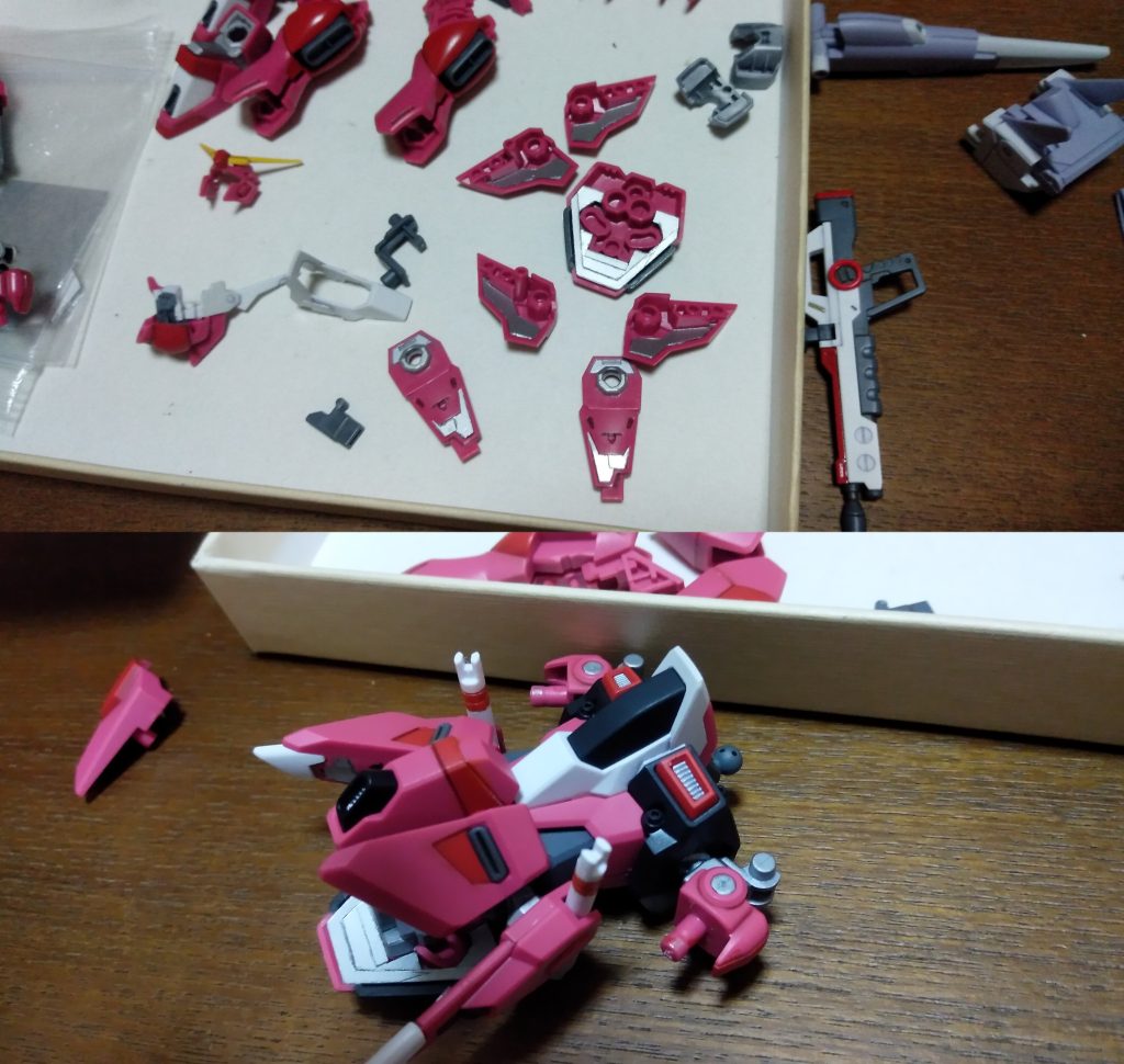 裏打ちパーツそのものは、形状をパソコンに取り込んで、電子化し、複製しました。電子化のメリットは、時短、精度、修正のしやすさ等があると思いますが、今回については、高精度の複製です。これがしたかったので、電子化して、裏打ちパーツを作成しました。下段は、部分塗装し、組立中の様子です。赤系パーツはブラウンで墨入れ、他はグレーで墨入れ、その後、つや消しスプレーで、表面をコートしています。