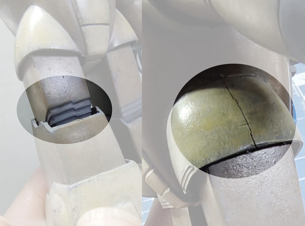 合わせ目が合わなくて苦労したのは制作段階にも書いているのですが、太股も接着面を全面ならして貼り合わせたところ、気がついたら膝裏ズレてましたね。いやちゃんと合わせたハズなんだけどな。そして基本塗装後、膝のところを後ハメしようとして力入れたら、ボディ側からパキって音がして、合わせ目割れました。で、どういう訳かその左の股関節だけ奥まってしまって足の長さが違います。表面があっていれば接着してなくても合わせめってわかりづらくるので、ぎゅっと挟んで太股の隙間から裏に瞬着塗って事なきをえました。瞬着1粒なので強度的には弱々ですが、言われないとわからない程度にリカバーできて、 触っても段差ないのでヨシ。