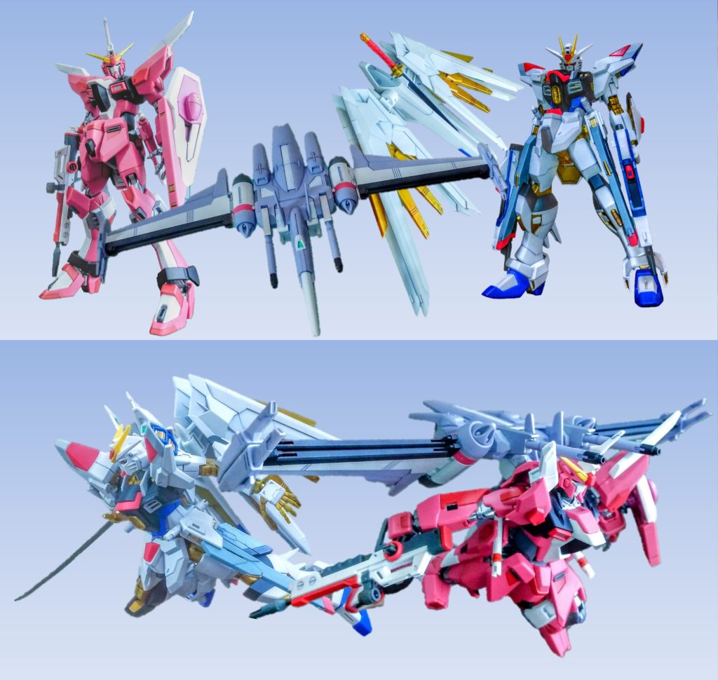 上段は素立ち状態です。バックパックであるフォランテス、こちらも部分塗装ですが、頑張りました。下段は、バックパック装着状態です。