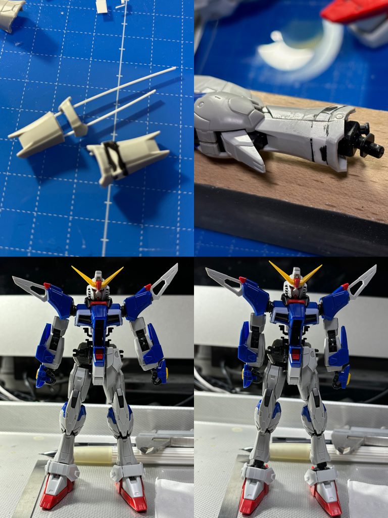 今回の課題の1つは「プロポーション改修」。と言っても、足を長くするだけなんですが、素組みは確かに短足に見えるんですよね〜。しかし、アドバンスドMSジョイントなる物を使用しているので、延長工作がし難い…。てか、現在の私の技術では不可能。なので、足首部分にコトブキヤのジョイントパーツをかませて4mm程延長いたしました。お手軽!なんだけど、スネ部分の装甲を伸ばさないとカッコ悪いんですよね…。骨見えちゃってる的な。で、スネ部分のパーツの足首部分の膨らんでる部分のディテールから切り離して、0.2mmプラ板で延長部分を橋渡ししまして、プラ板と瞬間接着剤を盛って整形いたしました。粗が目立つけど、全力でやりました。これが今の私の精一杯でございます。