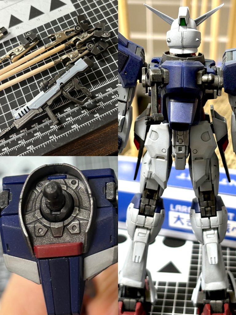 あと、課題2つめは塗装でなんかやってやろうと。そういえば、突然エアブラシが水吹いた。ネットで調べたら、結構当たり前らしくて1人で赤面。今回は、フレーム部分は全てシルバーでドライブラシをしてみました。初の試みです。結構、金属感でたのではないのかなと。今回のお気に入りポイントです。挑戦してよかった(gundam-kao2)