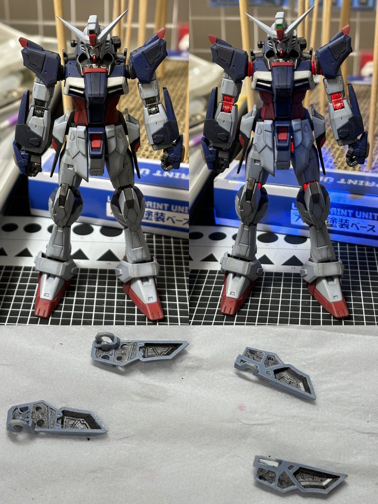 あともう一つ。塗装チャレンジをしたのですが、マジックルミノペイントという、透明だけどUVライトで光る塗料を知ったので、これをエアブラシでフレームに塗りました。希釈率やら、そもそも何で薄めるんだか分からずで大変苦戦しまして…。結局、アクリジョンの薄め液で1対1位の割合で、なんとか塗れました。でも、なーんか汚くなってしまって…塗装難しいです。楽しいけど苦手(gundam-kao9)でも、なんとか劇中再現みたいな雰囲気は出せたかなと。後はちゃんと装甲裏も塗り分けました。手間がかかる割に、相変わらず目立たねぇ。けど、やっちゃうんですよね〜。