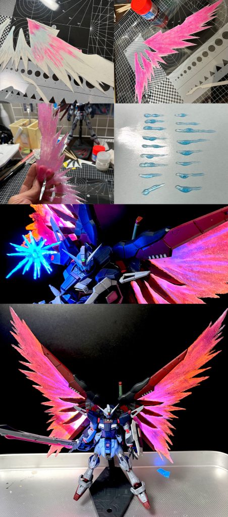 最後は、HGにあってRGに無い物。光の羽と手から出るビーム(名前を忘れた…)を…自分で作ってみようかな〜なんて。まずは厚紙で大まかな型を作って、クリアファイルに入れて、その上からUVレジンに蛍光塗料を混ぜて、筆で描く!なんてできるかなと思ってやってみたら、ま、まあ形にはなったかな〜なんて。下書きの上からなぞらなくて良い場合は、シールの剥離紙(台紙)が良い感じで使いやすかったです〜。本当はもっとシャープに作りたかったんですよ。でも、これが限界でした(gundam-kao9)取り付けもグラグラだし、もっと上手くできたら良かったなぁ〜。付けてみたら、結構良い感じな気がするような。個人的にはちょっとお気に入りです。しかし、でかくし過ぎて写真には苦労するし、ケースには納まらないしで外して飾ります(gundam-kao4)