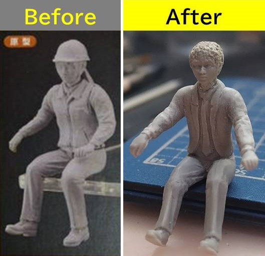 ハセガワ1/35日立建機ホイールローダ ZW100-6女性乗務員を削り込んでハサウェイっぽく(似てない自覚はあります)