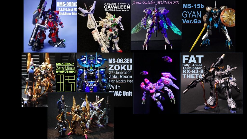 〈改造〉作る回数を重ねていくうちに、ただ作るだけでは飽き足らなくなります。色変改造から始まって、少しずつ、慣れたら更に大胆な改造に手を出したくなります。けれど乾電池程度の大きさなので、大胆な改造もわずかな材料や塗料でできてしまうので、自分だけのオリジナル機体とか、まだラインナップにない機体とかを作り出したい衝動が噴出してきます。ドムトロ⇒リック・ディアスもどきゼータ⇒百式ダブルオーライザー⇒キャリバーンパラス・アテネ⇒ギャン、ダンバインそのノリでegガンダム⇒アーティファクト用のサイコガンダムとか(笑)あとは敢えてレトロおもちゃ風とか、レアカラーを使ったハーフクリアとかメカニックモデル風とか、全蛍光モデルを使っての感応波発光表現とか〈ゼータやキュベレイ〉