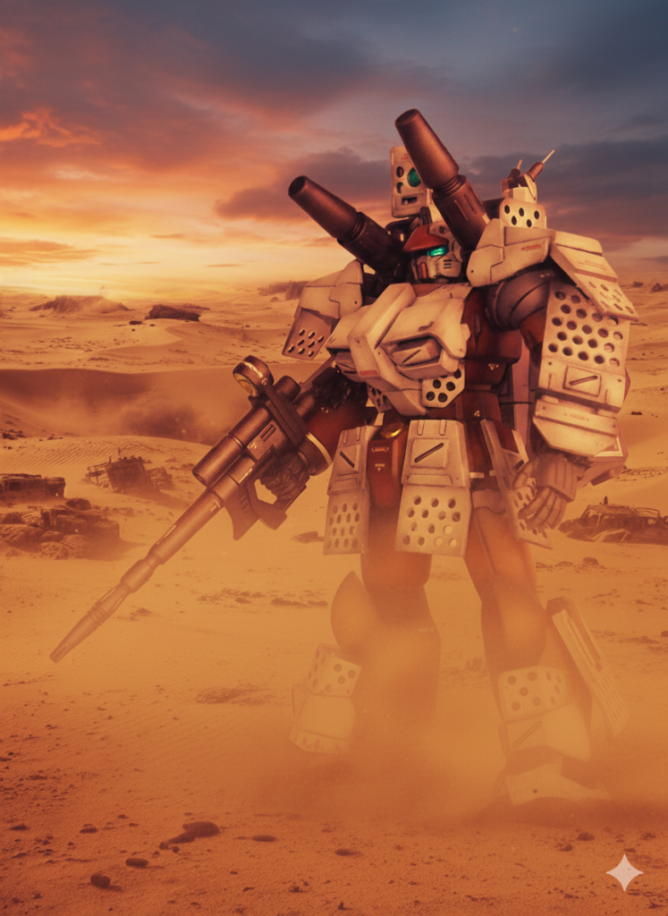 いや〜、AIの画像生成ってスゴイですよね〜上の写真を、google gemini さんに、●荒野の戦場に立たせて●足元に砂けむり入れて●夕暮れ時にしてって言うたら 、こうなりました！