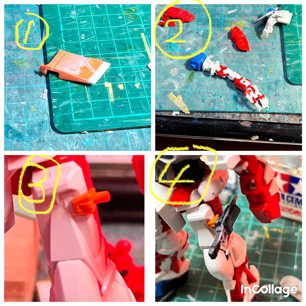 ①肩当てを延長しました。カトキ先生曰く「肩は大きく胴体は小さく」がイケメンロボの鉄則らしいです😤②肩から下はRGの腕を移植。③太ももアーマーをRGから移植。④アーマーシュナイダーの鞘を加工してスリムにしました。　 