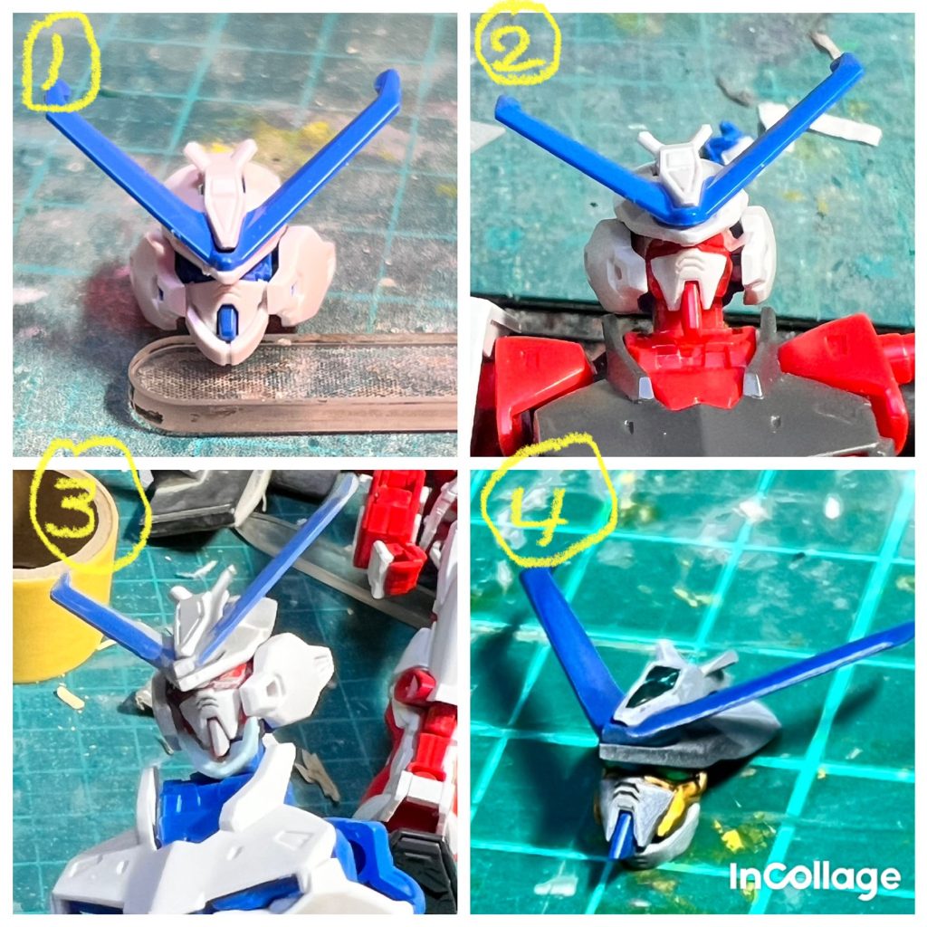 ここから加工編ですまず顔から①ノーマルの顔ですがチンガード（顎当て）がフェイスと一体化しているせいで、のっぺりと締まりのない造形に見えます。②出来の良いHG素アストレイの顔を加工して移植しました。③ジャンクからチンガードぽい造形の部品を合わせてみました。ひさしは延長して尖らせました。④完成。③の位置よりチンガードを奥に引っ込めました。顎が守られてない気がしますが仕方ない。