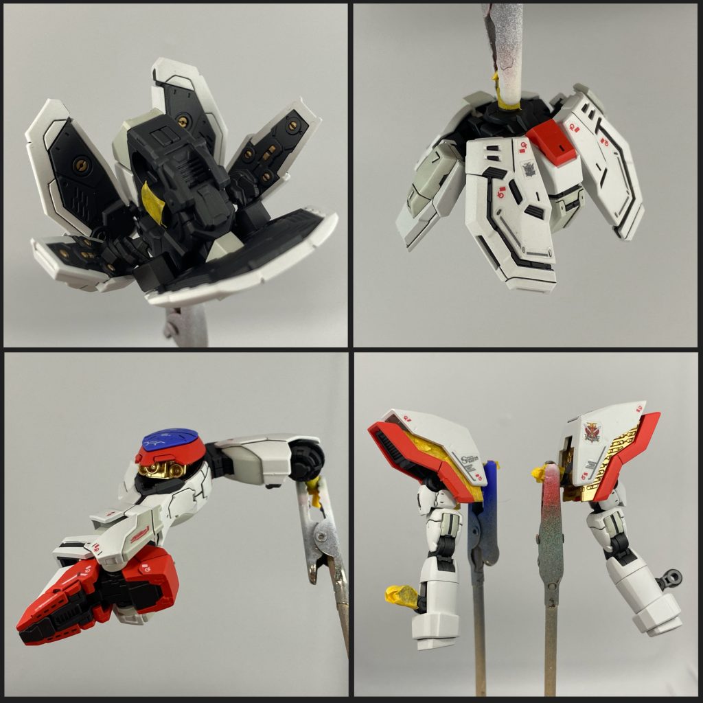 こちらは各部位のアップ写真です。今回の制作では、モールドの掘り直しと**全面やすりがけ(エッジ出し)**のみ行いました(gundam-kao7)【顔のディテール】特に顔の細かいモールドを丁寧に掘り直したおかげで、墨入れが綺麗に決まりました!苦労した甲斐あって、キリッとした表情がお気に入りです。【スカート裏の表現】見えない部分にもこだわりを。スカート内側にはゴールドで部分塗装を施し、メカメカしい仕上がりにしています。【塗装と仕上げの工程】サフ→塗装→光沢→デカール→光沢→艶消しトップコートという手順で、塗膜の保護と質感の調整を丁寧に行いました。トップコートは薄く何層も重ねて均一にし、光沢層でデカール段差が目立たないよう調整しています。ゴールド部分は塗装後マスキングを行い、光沢も艶消しも行いませんでした。カメラアイは蛍光塗料の上にエナメルブラックを乗せて拭き取りました。