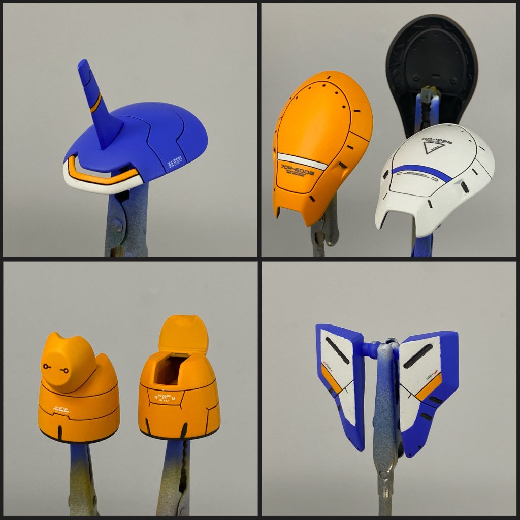 今回は溝の彫り直しと、マスキングゾルを使った塗り分けに初挑戦。装甲裏や細かい箇所を攻めてみましたが、なかなか綺麗にいかず大苦戦…！歪んだラインは一本一本、筆塗りでリカバリーしました。 その甲斐あって、特にスカート部分の白はいい感じにまとまりました！肘や膝裏にパテをしました。急ぎすぎてガタガタになってしまいましたが、目立ってないみたいで安心してます