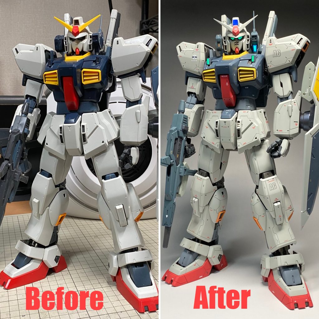 肩の小型化、脚部の延長によるプロポーション変更を行ってます。脚部延長は関節部で調整をかけましたので、装甲は整面したくらいでほとんどいじってません。