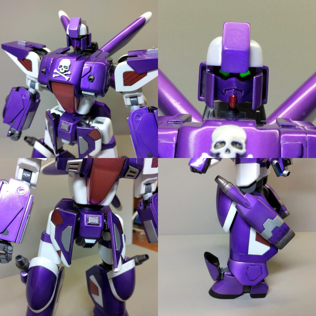 ・胸部にマシンキャノンを内蔵。胸の髑髏は、MSGのエンブレムセットにいいのがあったので、裏に接続用の３㎜軸をくっつけて塗装後に装着できるようにしました。・頭部はファントムとＺを混ぜたイメージで作成。ツインアイはゴーストガンダムの影響を受けて緑と黄色のオッドアイになってます。２系統のカメラを併用することで、高機動時の射撃制度を向上させる、とかこじつけ。・フロントスカートは根本で可動します。スペースがないので、ランナーに１㎜真鍮線を通して省スペース関節を自作しました。・膝横のキャノンはスラスターも兼用。足首はフルスクラッチされてる動画を参考にして、左右ロール＆スイング、前後スイング、つま先スイング、踵スイング軸を設けました。　膝とアンクルのアーマーも可動します。