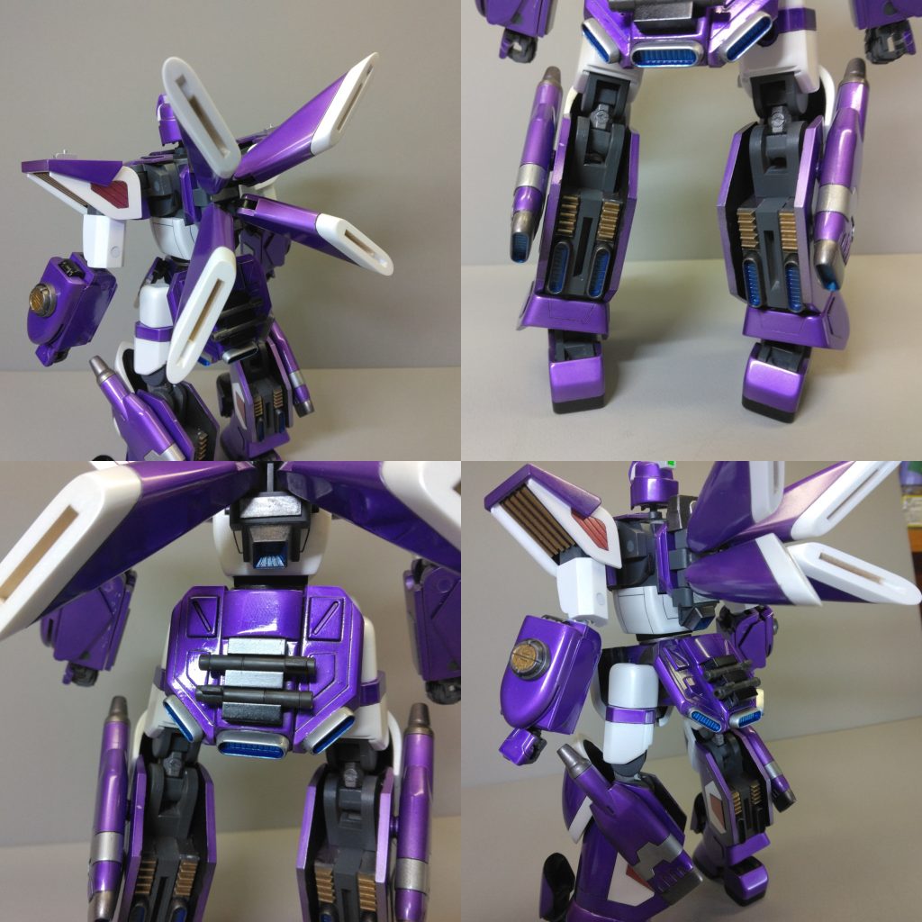 ・バックパックのスラスターは根本で４枚別々に可動。・ふくらはぎ部は変形の都合で装甲で埋められないので、できるだけのスペースはディテールつけて埋めました。・リアスカートアーマーは腰への接続部でスイング可能。ビームサーベルを２本マウントしています。