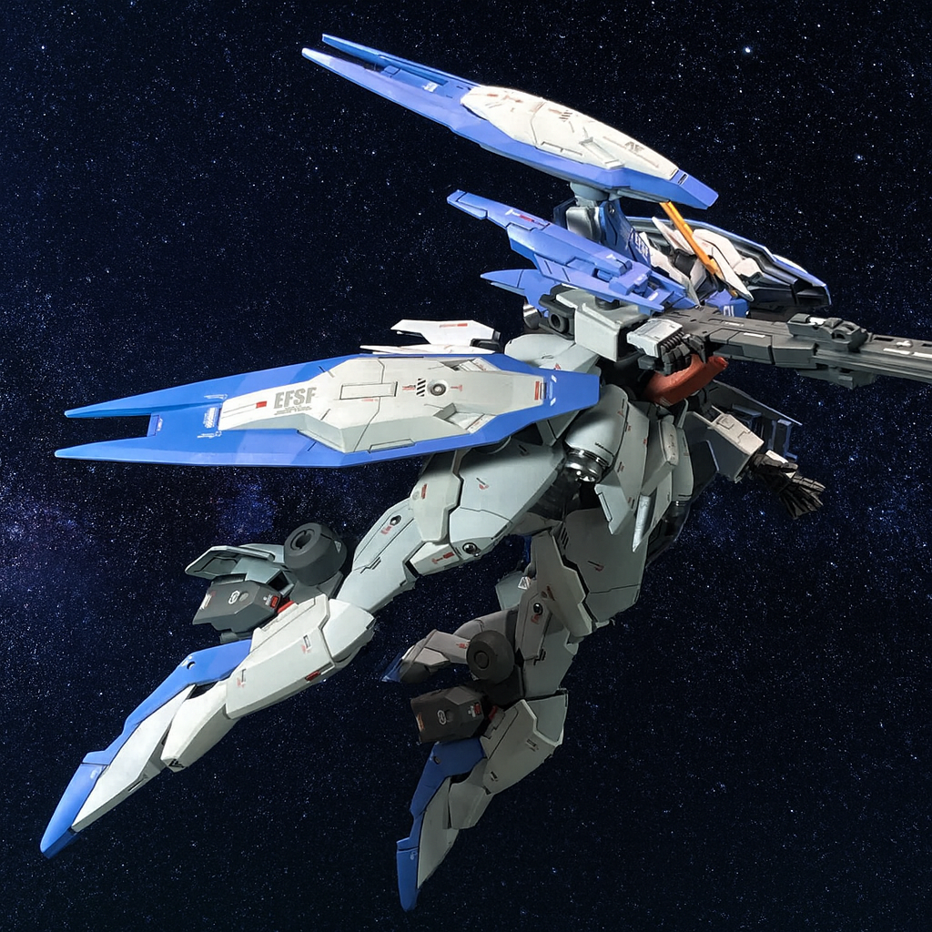 塗装は、青はコバルトブルー+ホワイトを濃淡を微妙に変えて2色作り、スプリッター迷彩にしました。白は、淡いニュートラルグレーを数種作り、パーツ毎に塗り分けました。※この写真は、AIで背景を宇宙空間にしたものです。