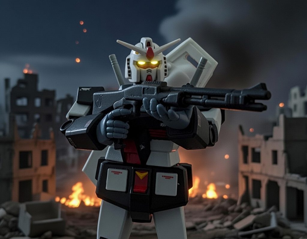 ジェシカ：こちらはニューヤークでショットガンを構えるガンダムの構図です。タカ：ショットガンもオプション装備の一つで自分用に作ってもらいました。