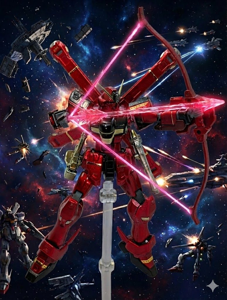 Geminiに助けて貰いました😇原理としては、XCにはX3と同様に腕部にIフィールドジェネレーターを搭載しており、掌部からIフィールドを形成しつつ弓矢の形にビームを固定して発射します。フィールドの形成次第でビームを弧を描くように曲げて射つ事ができます。音声認識で「必殺必中!ラァァイジング!!◯ローーーッ!!」とベラが言わないと射てません(zaku-kao6)