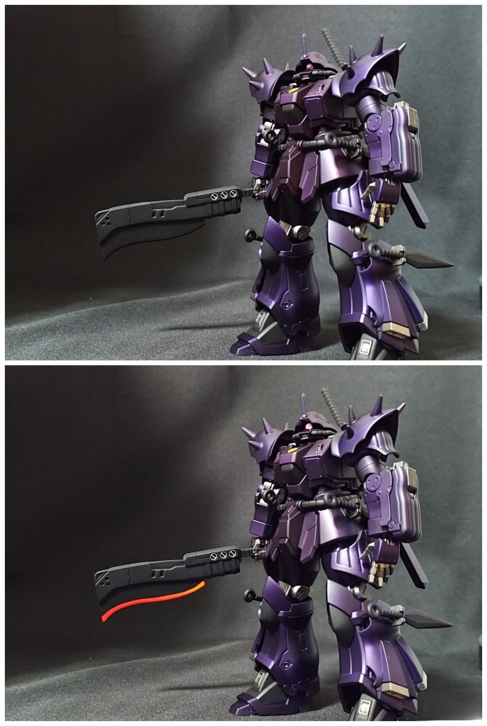 武装はそこらに転がっていた多分コトブキヤのマチェット刃の部分にクリアの蛍光塗料使用してみました通常はつや消しブラックで、ブラックライトを当てると赤くヒートっぽくなりますせっかくのステルスなのにヒート系持たせたらダメなんですが、蛍光塗料使いたくて塗ってしまった