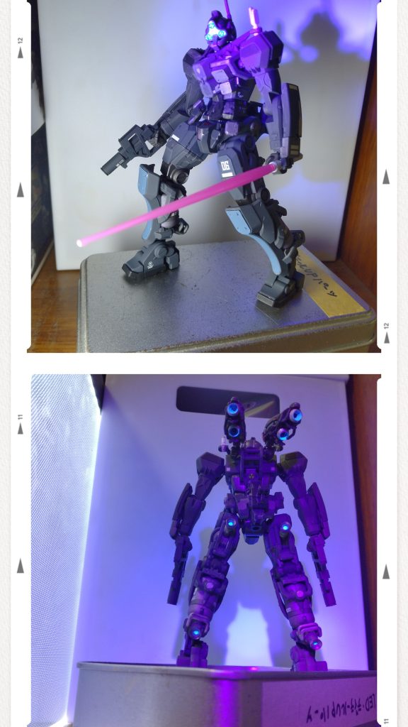 モノアイ、背面バーニアはUVライトで光る様に塗分けしましたがつや消しを吹いてしまい光らせない時はモノアイが暗くなりすぎて失敗