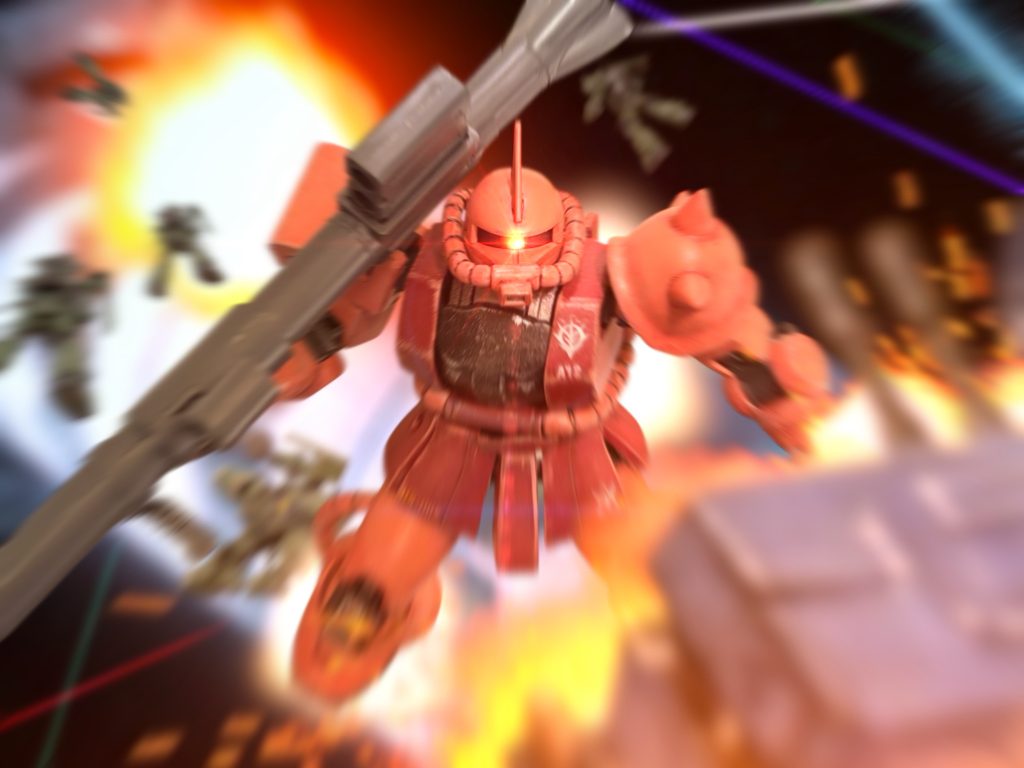 UC0079、1月4日。 乗機のセイバーフィッシュが被弾し、退避した。付近にいたサラミスが収容してくれたが、そのサラミスは今、沈みかけている。ジオンの赤いMSが、艦にバズーカを叩き込んだからだ。「くそ……っ!」 マイセンは歯噛みしながら、あちこちから炎のあがる廊下を逃げるように走った。途中、砲座にいつまでもしがみついている、大男を見つけ、砲座から引き離した。「もういい、この艦は沈む。逃げるぞ!」『……。』「勇敢だな、その意気は買うぞ。名前は?」『……クリント・トーゴ少尉、であります……。』「噂の”デューク”か。」百発百中の砲撃主がいると、ちょっとした噂になっていた。「お前の砲撃でも落とせなかったか、あの赤いの……ありゃあホンモノのエースだ。放っておけ。」 そういう敵も、いるのだ。 通路に転がっていたノーマルスーツ用のバーニアを拾うと、”デューク”を抱え、外壁に空いた穴から宇宙に飛び出した。そのまま、近くをふらふらとさまよっているランチに捕まり、戦場を振り返る。 巨大なコロニーの、あちこちに巨大な火球が炸裂している。『……核か……。』 ”デューク”が呟く。「あんなものを使いやがって……。」 マイセンも、忌々し気に呟く。あれは、人類の生み出した、最も邪悪な兵器だ。それを、スペースコロニーに打ち込む行為は、何よりも非道で邪悪に見えた。コロニーの外の真空では、人間は生きてはいけない。コロニーの住民にとって、その間近で繰り広げられる戦闘は、逃げ場のない地獄の到来を意味している。 なぜ、スペースコロニー生まれの連中が、そんなことをできるのだ。いや、スペースコロニー生まれだからこそ、この行為の持つ意味を知っているのか。自分たちに歯向かうなと、牙を持たぬ宇宙市井に告げている——。(卑怯な——!)