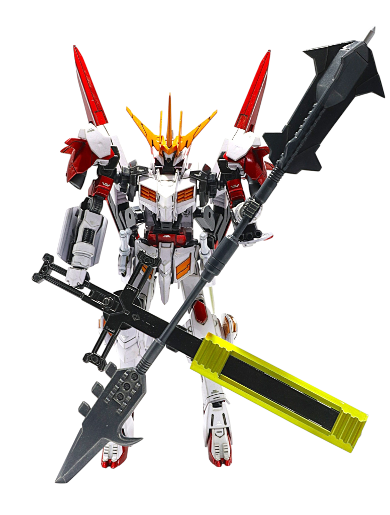 長物鈍器は、鉄血シリーズの顔ですね。第2形態のクロスメイスにはレアアロイのカバーを付けて、重量を増加して破壊力を増してます。ダブルメイスは中央で分割式にしてます。