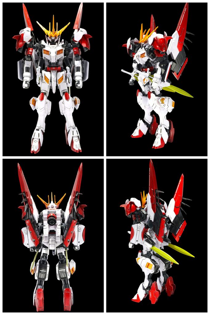 素立ち、各アングルから。第2形態では腰部分についていた翼上のブースターは、バックパックに接続する形に変更、足首側面についていたブースターも膝側面に変更してます。体系をマッシブにする為に過去作でもしていたグレイズの胴体横装甲を使用して胴体幅まししてます。