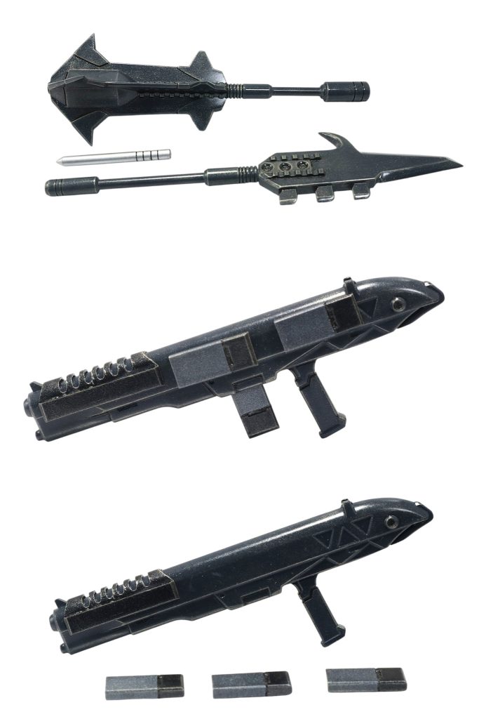 武装の画像です。ダブルメイスはバルバトス第一形態メイスとブラパイプで、もう一方はプラバンで作成。ショットガンは、百錬ライフルを加工しました。マガジンは取り外し式にして3つ用意しました。スペアマガジンはネオジムでライフル側面に取り付け可能です。