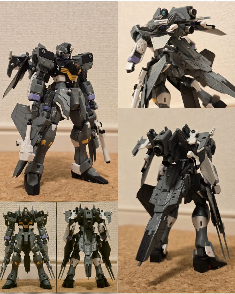 MS形態は変形機構パーツの取り付け位置を一新し、MS時のシルエットが前作よりもスッキリ見えるように改造してみました。背負いものが軽いので仁王立ちも楽々です。他アピールポイントは下記となります。・肩アーマーとスカートパーツは元キットより大きめに改造(宇宙世紀MS感UP)・武器装着用パイロンがMS時はホルスターのような位置に収まる(偶然)・量産型アピールのためツノはカット