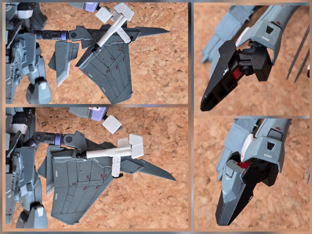 主翼パーツは取り付け軸をファイター形態の位置から180度回転させるとスタビライザーの方へ翼部分が重なるように格納できるようになります。足甲も140度程回転させMS位置に展開するのですが、足首アーマーとのクリアランスがないに等しいので塗装が。。成形色の赤色が残っているのは、可動部の塗装を避けたかったのが理由です。