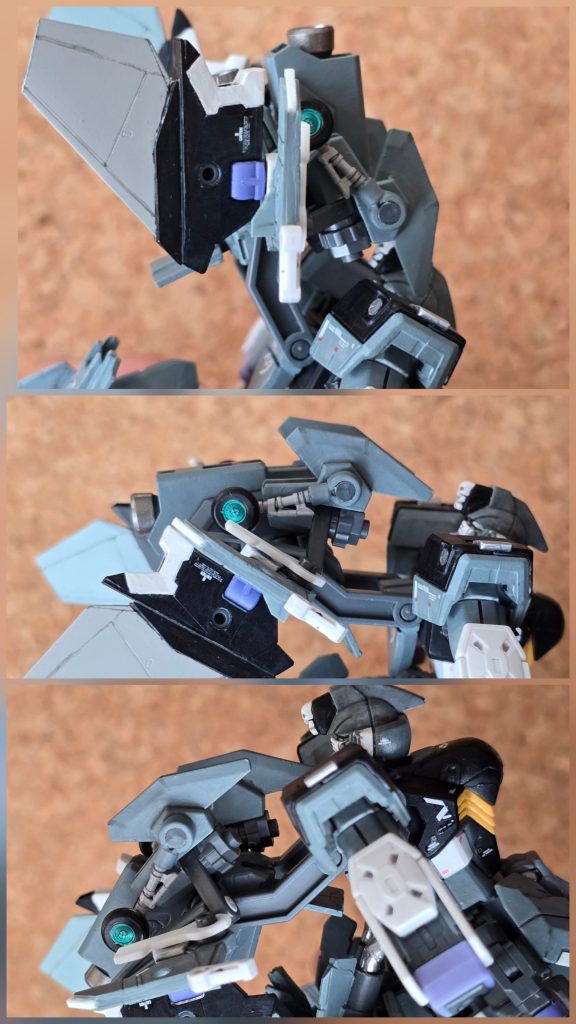 バックパック全体を機首側へ引き下げます。写真の位置まできたところで整流板パーツを動かして胴体に近づけます。