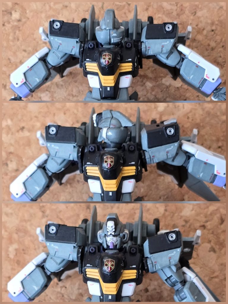 頭部を回転し前方を向かせます。2重軸になっている肩アーマーを前方に引き出します。腕と手パーツを回して整えます。これでMS形態への変形が完了です。工程がとても多くなりましたがここまで読んで頂き感謝です!