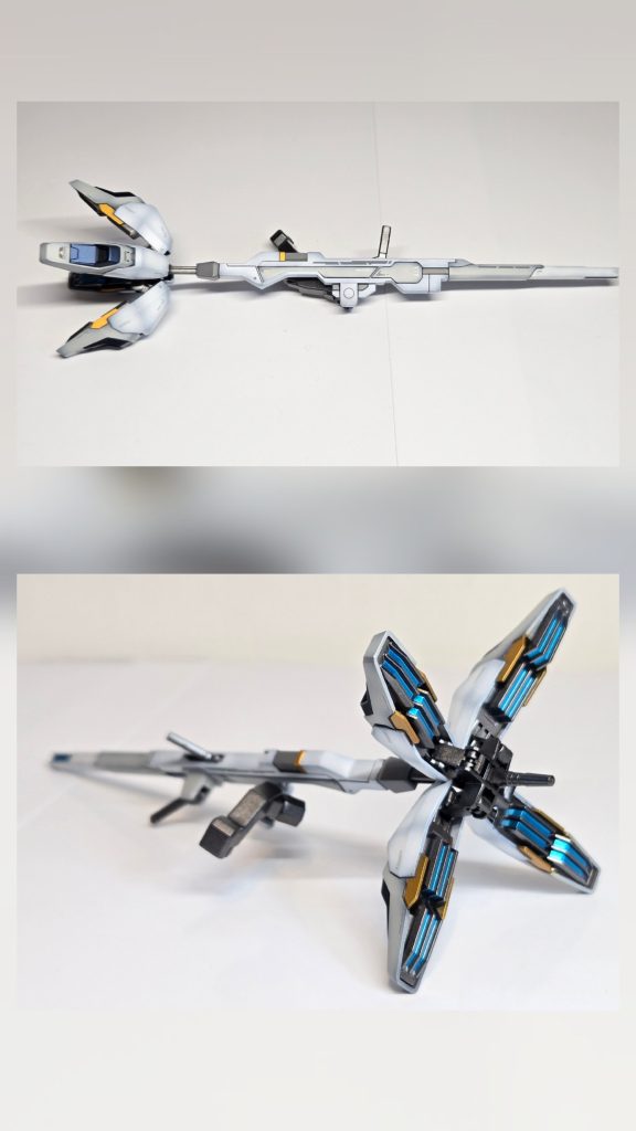 今回、付属のシールは一切使わず、バリアブルロッドライフル。をはじめ、全てのセンサー、スラスター、ツインアイ等も初めて塗装で仕上げました。