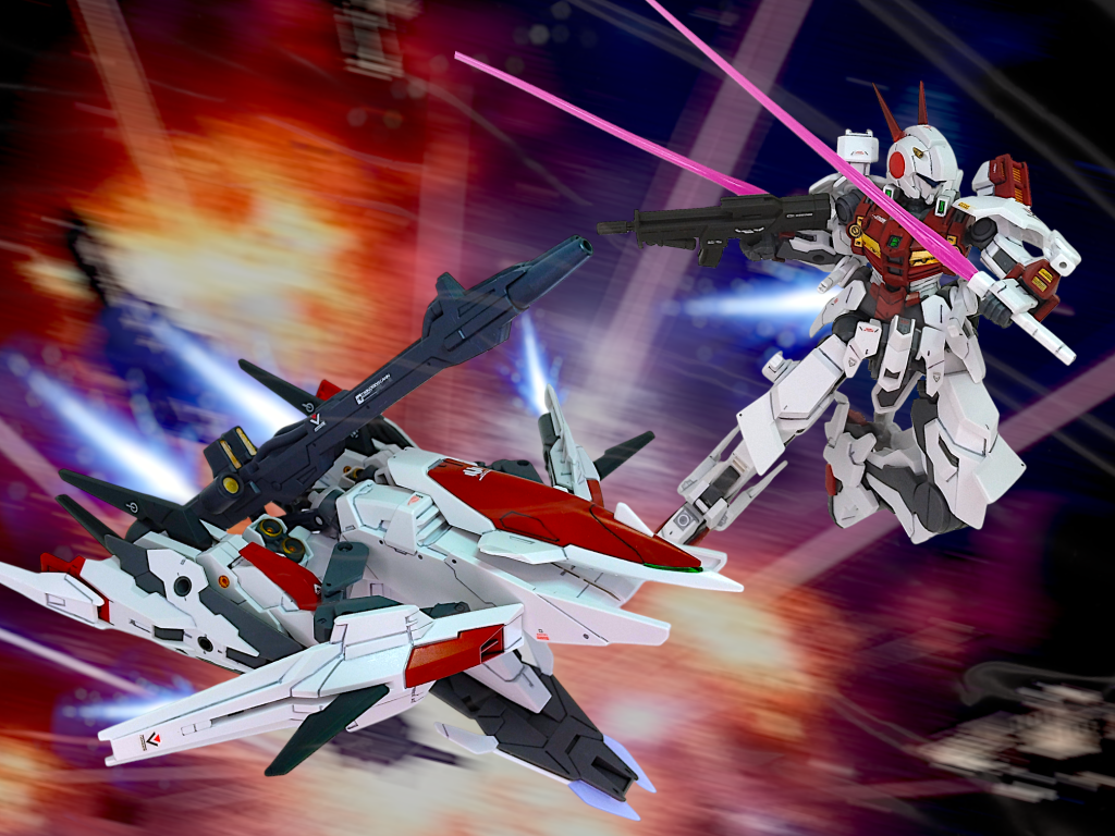 バイク型のメテオホッパーが、戦闘機になってしまいました接続部もジリウスの胴と完璧なマッチングだったのですが、重すぎて支えの台座が必須です(gundam-kao5)