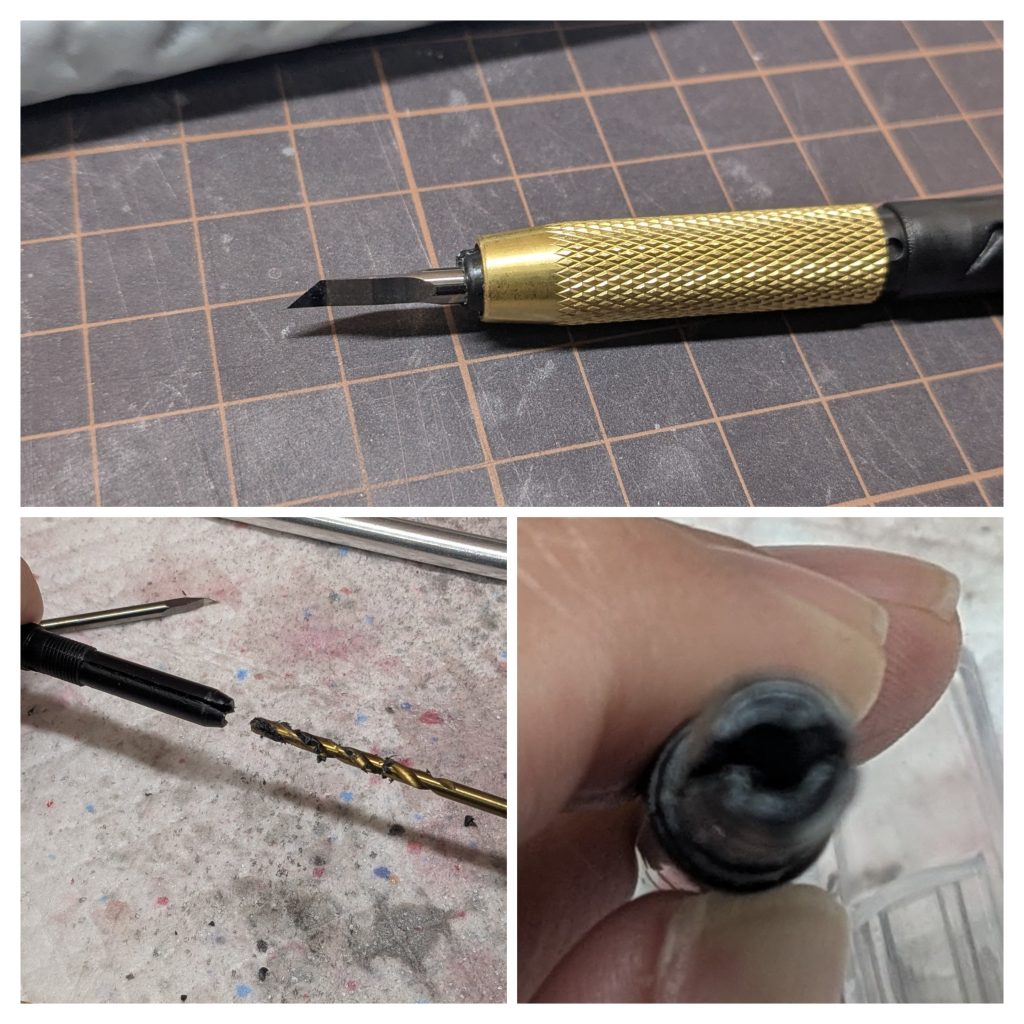 作品名：斬技ホルダー(偽)<p>1.セリアで売ってる手芸用？デサインナイフの刃をまずは全て捨てます(笑) 2.ドリルでチャック部分に3.2mmの穴を開け(センターは慎重に狙いましょう) 3.完成！100円でホルダーができたので、0.15、0.3、0.5 [&hellip;]</p>
