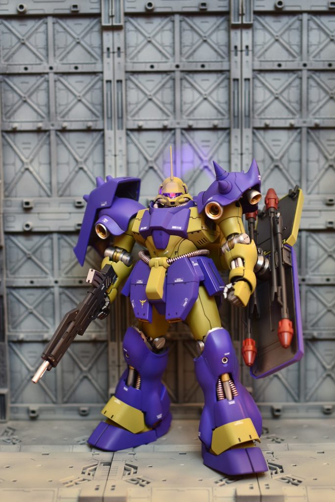 シーマ艦隊は正史では１年戦争敗戦の折りアクシズへの亡命を拒否されていますが、ゲームオリジナルでシャアの口添えでアクシズへ亡命するシナリオがあったと思うので、それ以降シャアと行動を共にしたという設定でシーマ様専用ギラ・ドーガを製作しました。