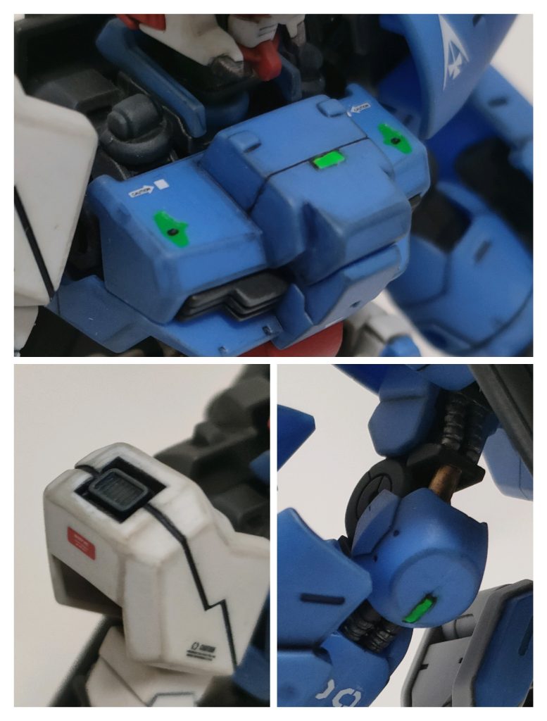 あと今回やってみた事はランナータグを小さくカットし蛍光グリーンで塗装したものを胸部と左肘に埋め込んでアクセントとしてみました。右肩の先端も寂しかったので壽屋のダクトノズルを塗装、接着してみました。それなりに雰囲気は出たかなと(^_^;)