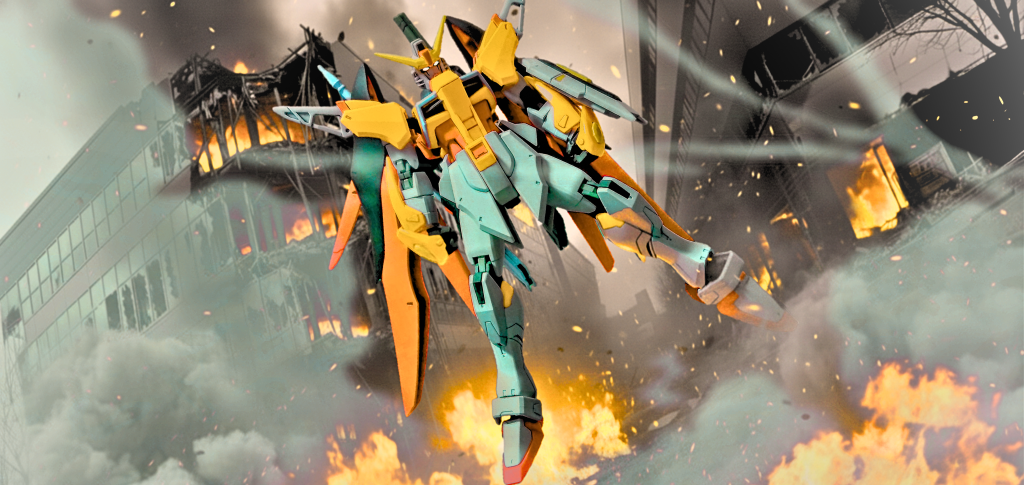 旋風（かぜ）の挽歌 ― 焦土から死闘の渓谷へ ―&nbsp;​【前編：焦土の残り火】ザフトの生産拠点は、見るも無惨な姿に変わり果てていた。ハイネ・ヴェステンフルスがデスティニーガンダムで降り立った時、そこには生命の鼓動は一つも残っていなかった。​「……嘘だろ、みんな。返事をしてくれよ……！」通信機を叩き、何度も呼びかける。しかし、炎が建物を噛み砕く音だけが空虚に響く。燃え盛る施設の中央に降り立ったハイネの機体は、まるで地獄の淵に立つ守護者のようであり、同時に、救うべき対象を失った喪失の象徴でもあった。生存者がいないのではない。生存者を「確認させない」ほどに徹底して破壊した敵のやり口に、彼はザフトのエリートパイロットとしての顔ではなく、一人の人間としての怒りを覚えたのだ。「組織の命令も、戦局も関係ねえ。……こんなやり方、俺は絶対に認めない！」ここは彼にとって、ただの施設ではなかった。前線の兵士たちを支える技術者たちの、誇り高き夢が詰まった場所だったのだ。​ふと、デスティニーのセンサーが、遠く北の渓谷へと向かう巨大な熱源を捉えた。施設を蹂躙し、悠然と去っていく巨大な影。それがこの惨劇の「犯人」であることは明白だった。彼らにとって、この拠点の破壊は「戦果」に過ぎない。しかし、ハイネにとっては、断じて許容できない「蛮行」だ。ハイネは操縦桿を握り直す。背部のウイングから、光の翼が展開される。その色は、周囲を焼き尽くす炎よりもさらに鮮烈な、命の輝きを放つオレンジ色だった。ハイネは機体を急加速させ、炎上する廃墟を後にする。